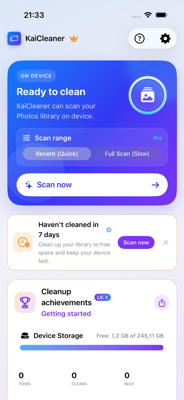 KaiCleaner home screen: On Device, Ready to clean, with scan range and device storage