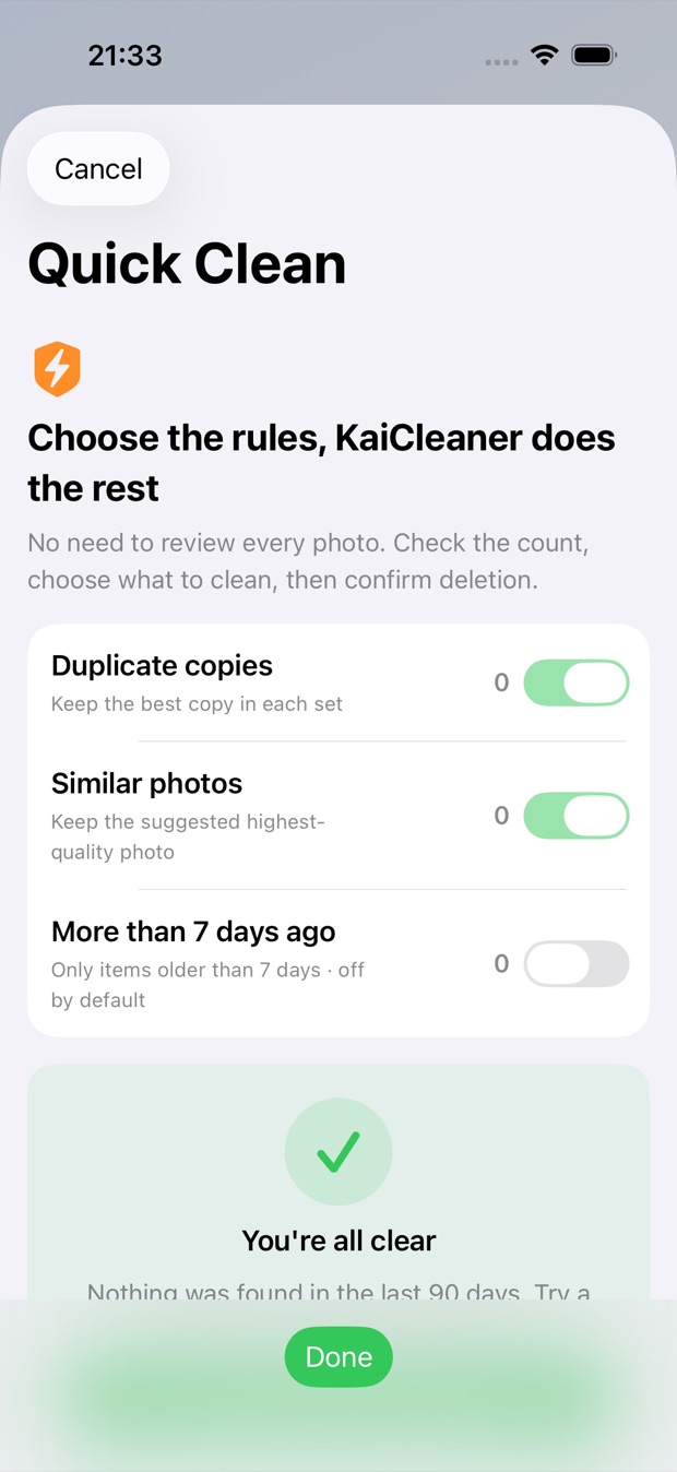 KaiCleaner Quick Clean: choose rules for duplicates, similar photos, and older items